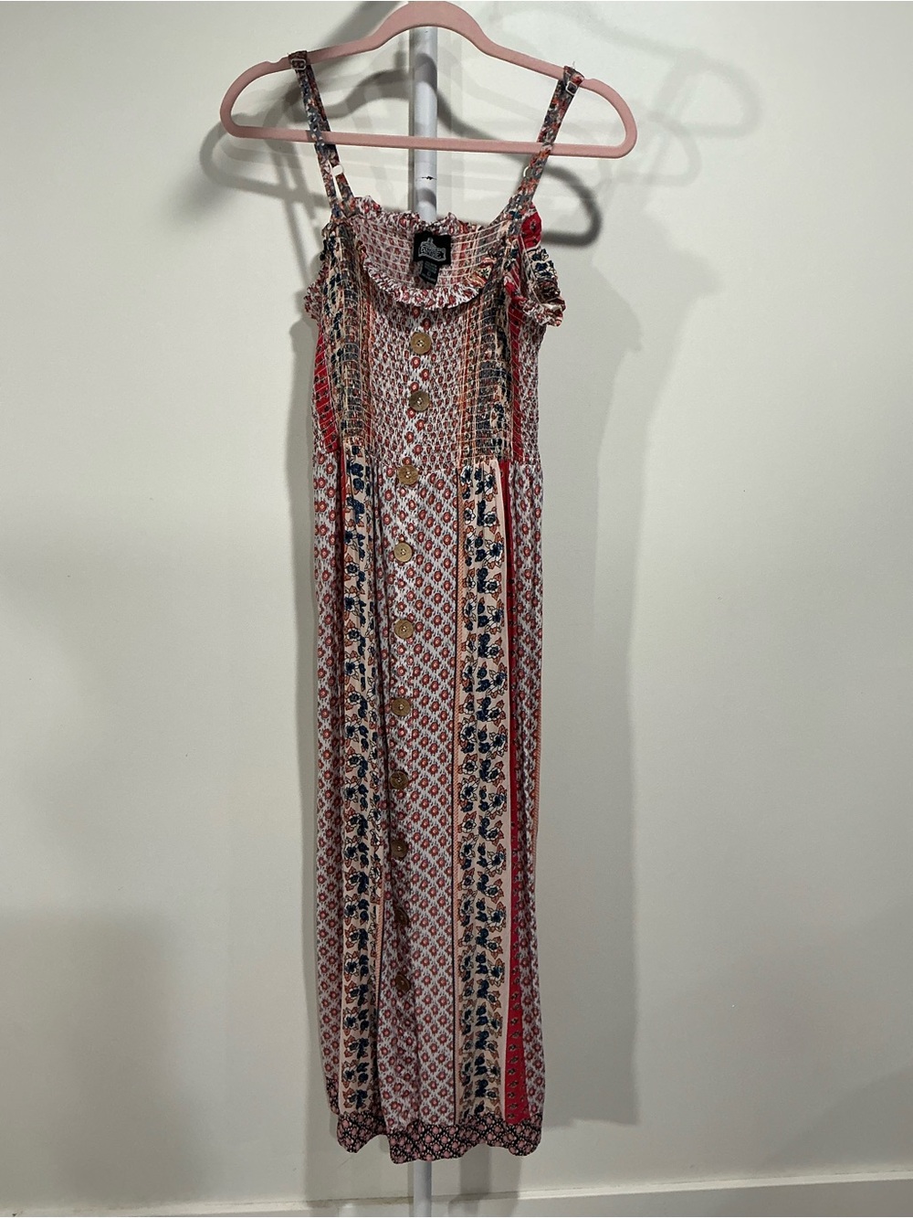 Angie Red and Cream Patterned Smocked Maxi Dress